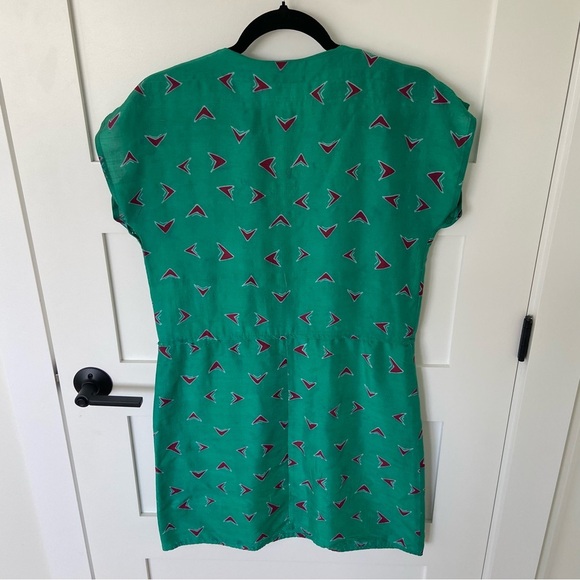 Vintage 80s Maggy London Silk Green Geometric Pattern Dress - Picture 2 of 7